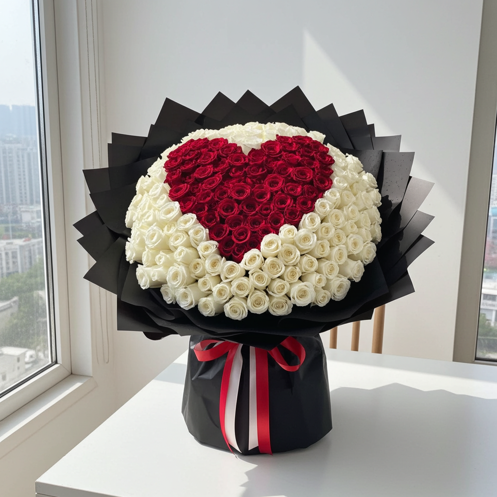 Bouquet with a red heart and white roses on a table by a window